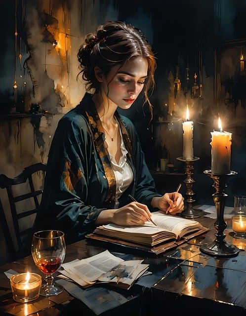 A woman sitting at a table with two candle lights, reading a book with a pencil in her hand.