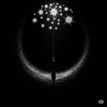 a silhouette of a person standing at the bottom of a dark, enclosed space, like a well or a deep pit