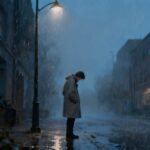 Man standing alone in a street, head lowered, sad.