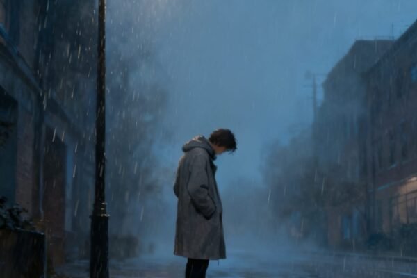 Man standing alone in a street, head lowered, sad.