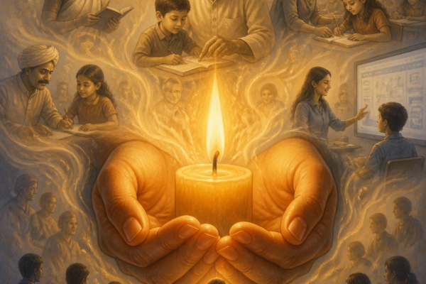 a hand holding a lit candle lighting up the views of the different kinds of teachers in life