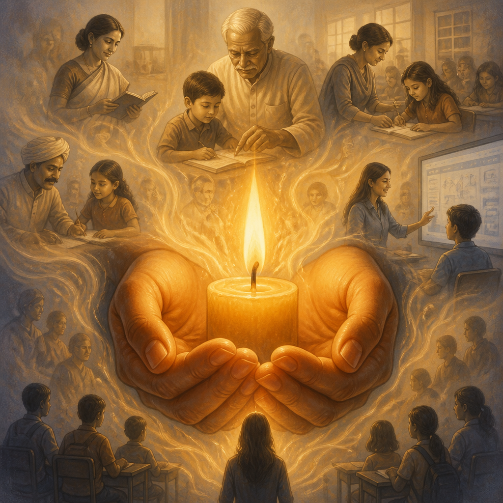 a hand holding a lit candle lighting up the views of the different kinds of teachers in life
