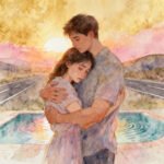 a couple hugs together amid the sunrise