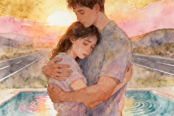 a couple hugs together amid the sunrise