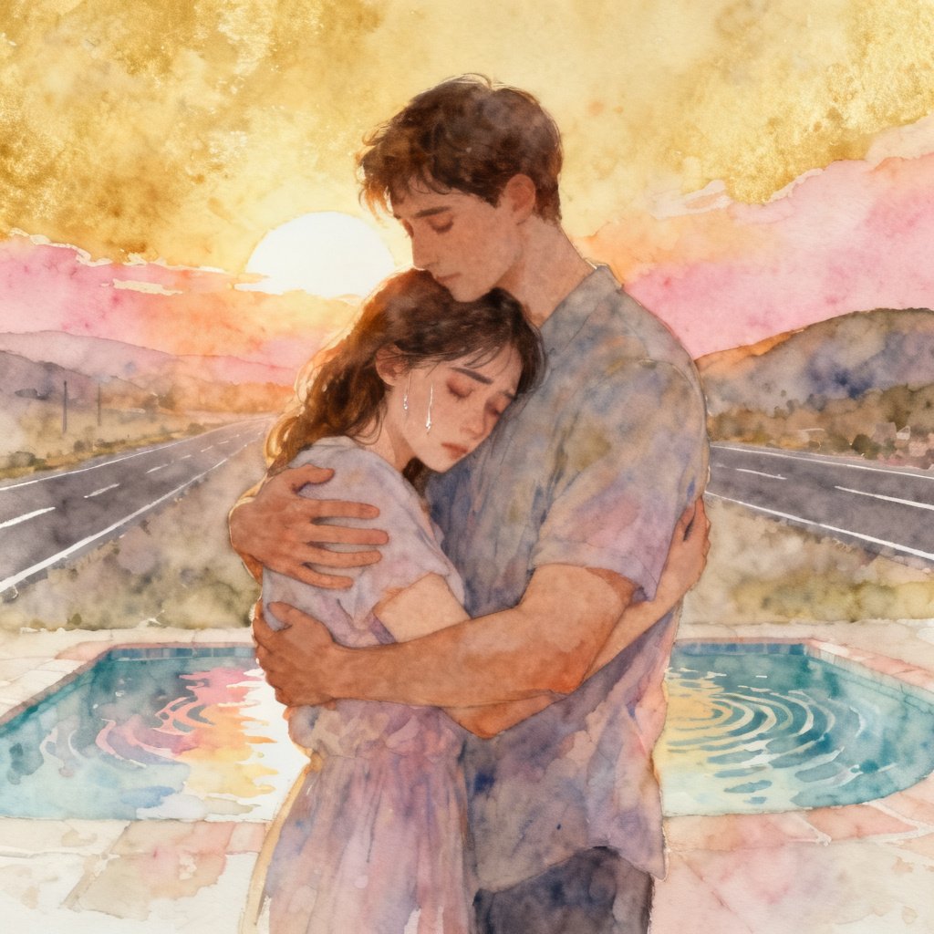 a couple hugs together amid the sunrise